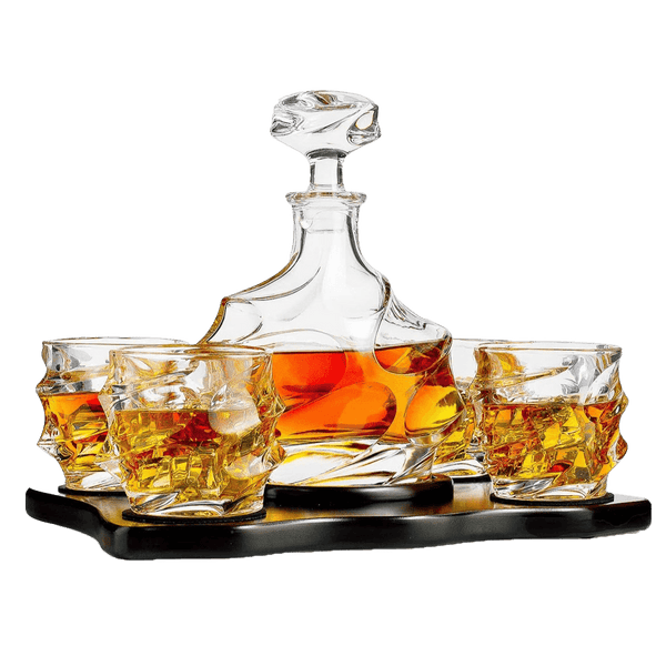 The Wine Savant Wine and Whiskey Mountain Decanter with 4 Glasses and Wood Tray 750 ML