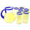 Hand Blown Blue Mexican Drinking Glasses and Pitcher – Set of 6 with Mexican Blue Rim Design (14 oz each) and Pitcher (84 Ounces) Mexico Cobalt Blue Carafe Designs Margarita and Lemonade