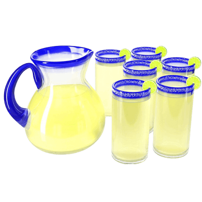 Hand Blown Blue Mexican Drinking Glasses and Pitcher – Set of 6 with Mexican Blue Rim Design (14 oz each) and Pitcher (84 Ounces) Mexico Cobalt Blue Carafe Designs Margarita and Lemonade