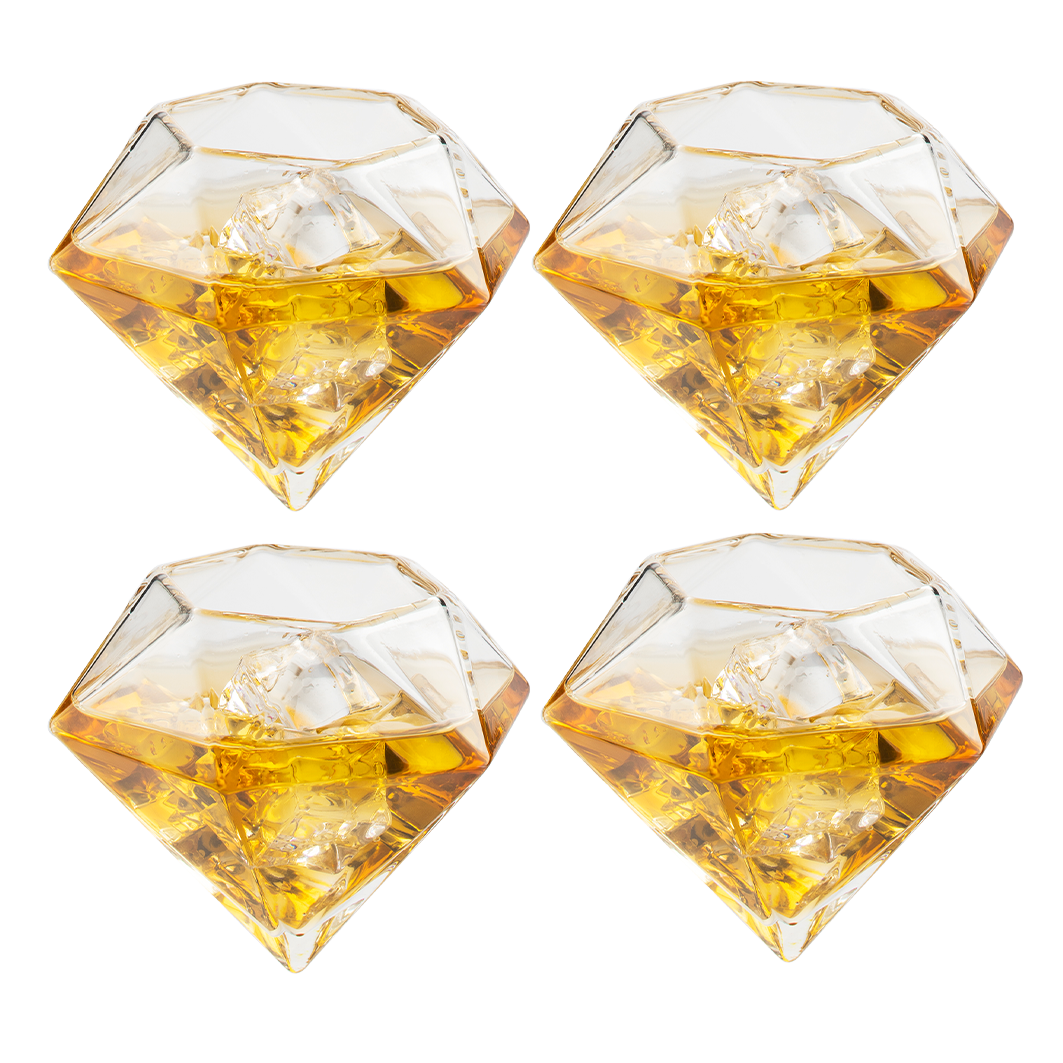 Set of 4 Diamond Whiskey & Wine Glasses 10oz - Wine, Whiskey, Water, Diamond Shaped, Diamonds Collection Sparkle Patented Wine Savant - Stands Alone, Or on Stand