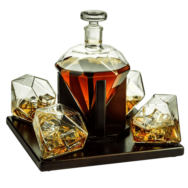 The Wine Savant Diamond Whiskey and Wine Decanter, Great Gift! 750ml With 4 Diamond Glasses and Beautiful Mahogany Wooden Holder Liquor, Scotch, Rum, Bourbon, Vodka, Tequila Decanter
