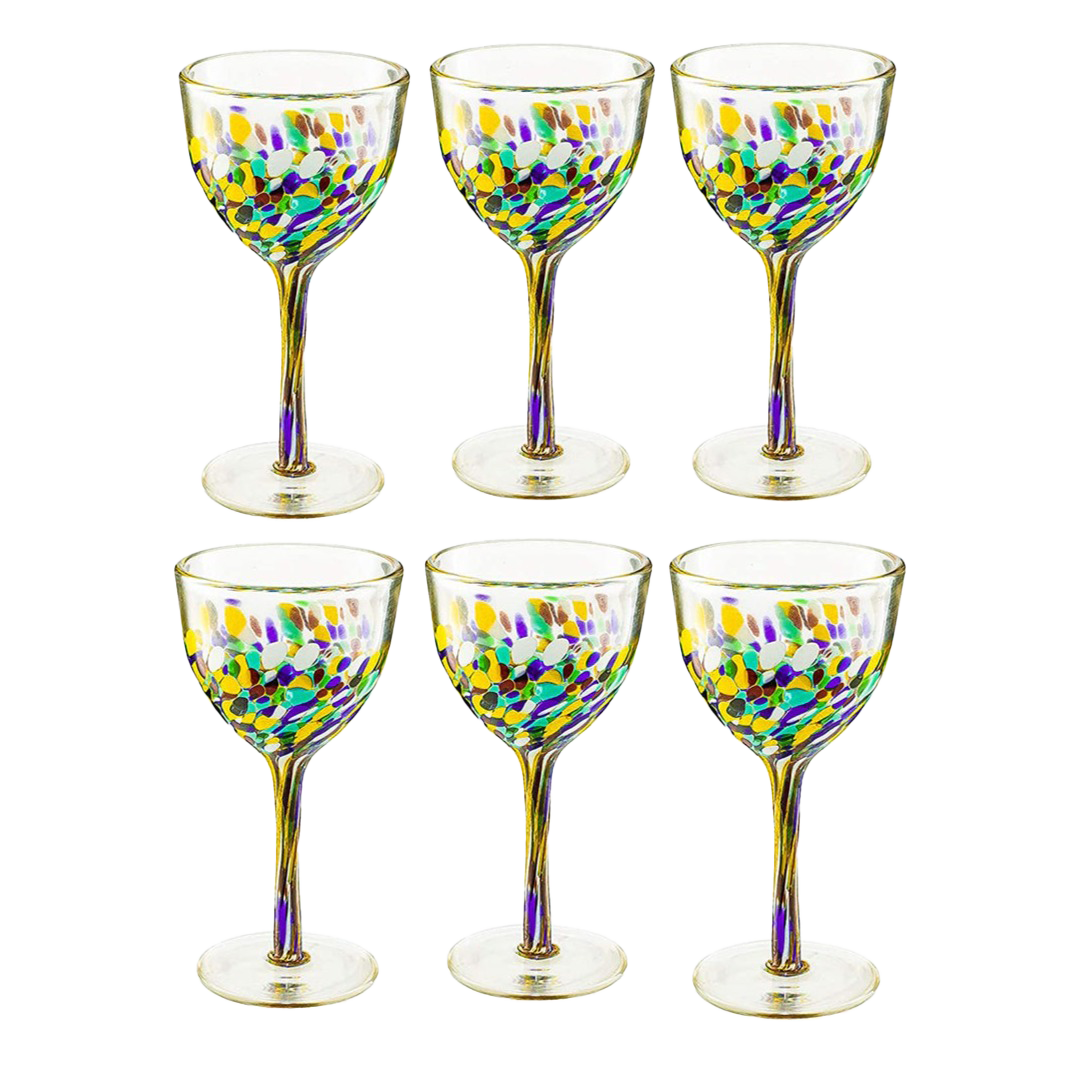 The Wine Savant Recycled Glass Wine Glasses - Mexican Wine Glasses Set of 6, Mexican Luxury Hand Blown Wine and Water Glasses (8 ounces each) Cobalt Cinco De Mayo Glasses - Confetti Wine Glasses