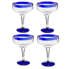 Mexican Hand Blown Glass – Set of 4 Large 16oz, Cobalt Blue Rim Line, Luxury Margarita & Cocktail Glasses, Mexico Design Large 16oz Cobalt Cinco de Mayo - The Wine Savant, Dishwasher Safe Glassware