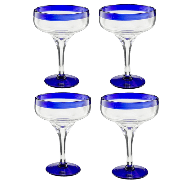 Mexican Hand Blown Glass – Set of 4 Large 16oz, Cobalt Blue Rim Line, Luxury Margarita & Cocktail Glasses, Mexico Design Large 16oz Cobalt Cinco de Mayo - The Wine Savant, Dishwasher Safe Glassware