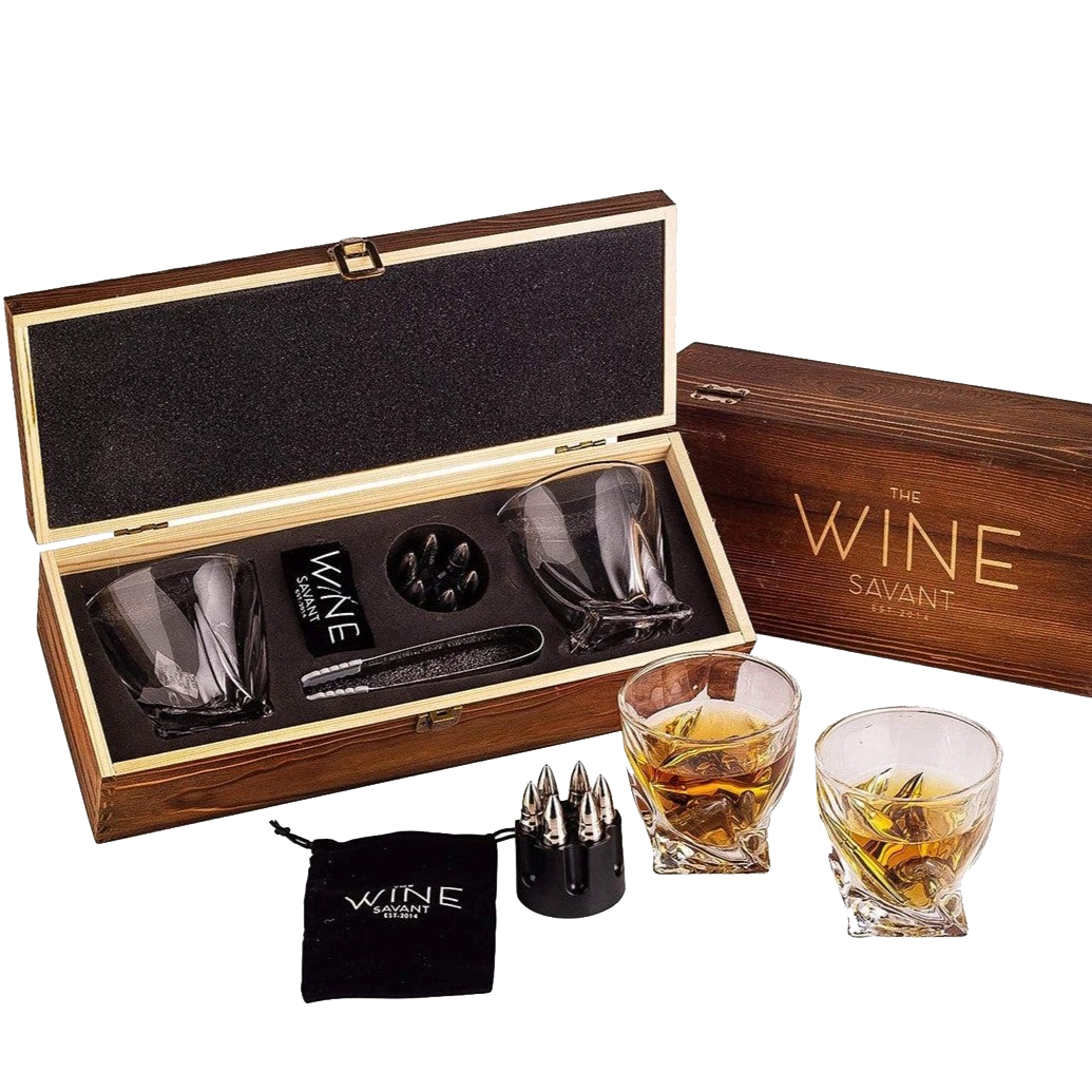 Whiskey Stones Gift Set for Men, by The Wine Savant, 6 Stainless Steel Whiskey Stones, 2 Twisted Glasses, Freezer Pouch & Special Tongs in Pinewood Box