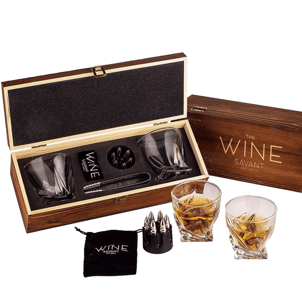 Whiskey Stones Gift Set for Men, by The Wine Savant, 6 Stainless Steel Whiskey Stones, 2 Twisted Glasses, Freezer Pouch & Special Tongs in Pinewood Box