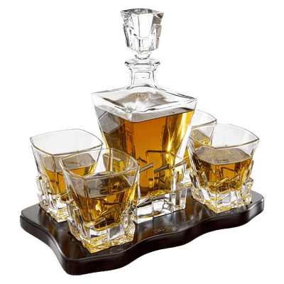 Crystal Wine and Whiskey Iceberg Mountain Glacier Decanter with 4 Glasses and Wood Tray - The Wine Savant