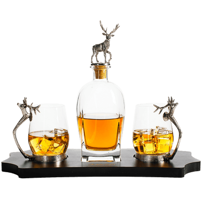 Stag Antler Decanter Set with 2 Stag Glasses - Antique Pewter Whiskey Decanter Set Elegant Liquor Decanter Gift Set for Bar by The Wine Savant - Luxury Decanter for Bourbon, Scotch, or Whiskey 750ml