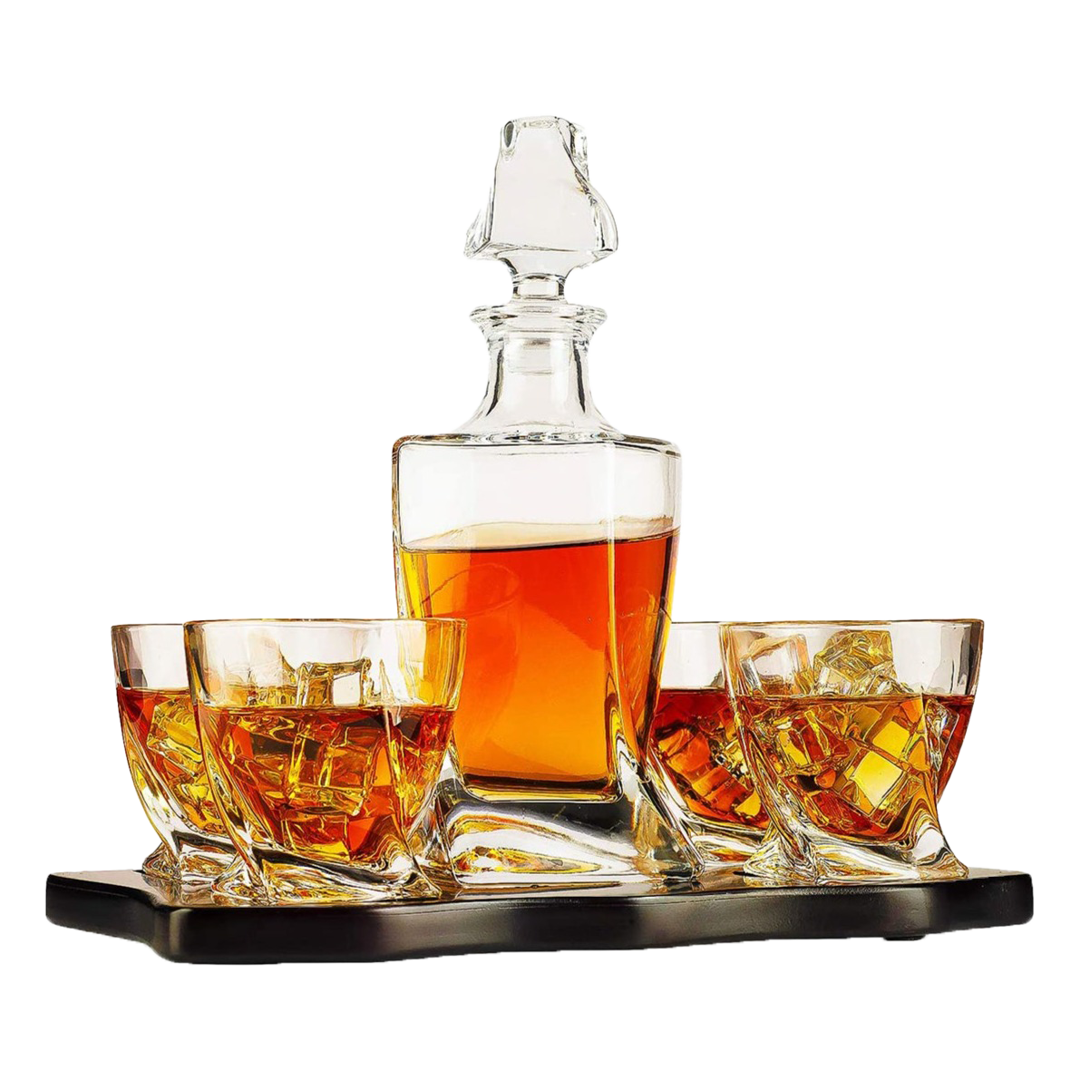 The Wine Savant Italian Crafted Crystal 5 Piece European Style Wine & Whiskey Decanter 855ml with 4 Glasses & Wood Sophisticated Tray Set Spirits, Scotch, & Bourbon Whiskey Decanter Sets for Men