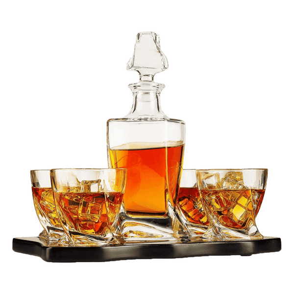 The Wine Savant Italian Crafted Crystal 5 Piece European Style Wine & Whiskey Decanter 855ml with 4 Glasses & Wood Sophisticated Tray Set Spirits, Scotch, & Bourbon Whiskey Decanter Sets for Men