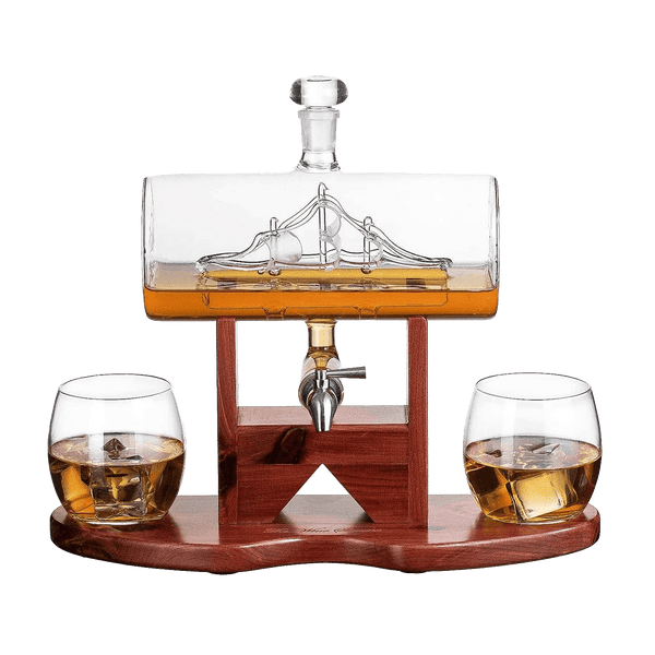 Whiskey Decanter Set, Liquor Dispenser for Home Bar, Crystal Glass - 1250ml Ship & 2 Whiskey Glasses Beautiful Stand Fathers Day, Gift for Dad, Husband or Boyfriend - The Wine Savant 100% Lead-Free