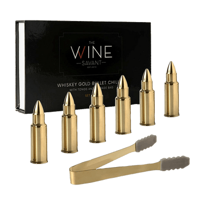 Bullet Whiskey Chillers Stones - 1.75in Whiskey Rocks by The Wine Savant Set of 6 - Stainless Steel Bullet Shaped Ice Cubes, Gift Box Come, Tongs and Storage Bag, Whiskey or Scotch Rocks (Gold)