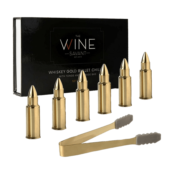 Bullet Whiskey Chillers Stones - 1.75in Whiskey Rocks by The Wine Savant Set of 6 - Stainless Steel Bullet Shaped Ice Cubes, Gift Box Come, Tongs and Storage Bag, Whiskey or Scotch Rocks (Gold)