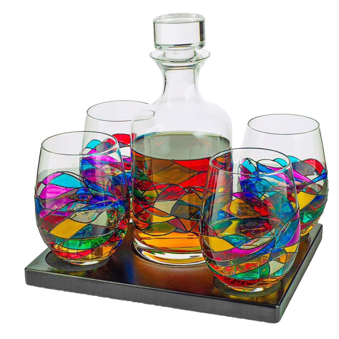 Artisanal Hand Painted Glassware Gift for Mom, Wife, Friend - Artisanal Barcelona Hand Painted Whiskey & Wine Decanter Set, Rennesance Romantic Stain-glassed Windows Glasses - Mothers Day