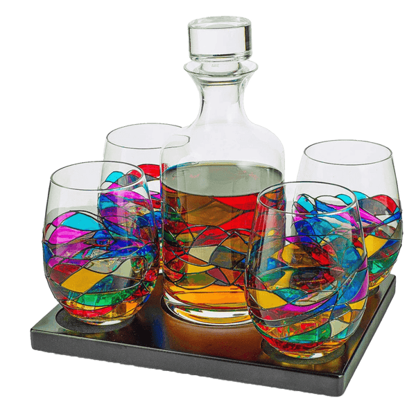 Artisanal Hand Painted Glassware Gift for Mom, Wife, Friend - Artisanal Barcelona Hand Painted Whiskey & Wine Decanter Set, Rennesance Romantic Stain-glassed Windows Glasses - Mothers Day