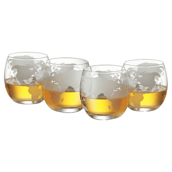 Etched World Globe Glasses 10 oz -Set of 4 by The Wine Savant, Wine, Whiskey, Scotch, Vodka Water or Juice Old Fashion Glasses, World Glasses Etched Globe