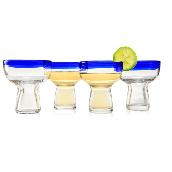Mexican Hand Blown Blue Rim Margarita Glasses - Set of 4 - Stemless Glass Luxury Hand Blown Mexico Margarita, Martini & Champagne Glasses Cinco de Mayo Glass, Large Party Cobalt Mexico Blue Rim Design