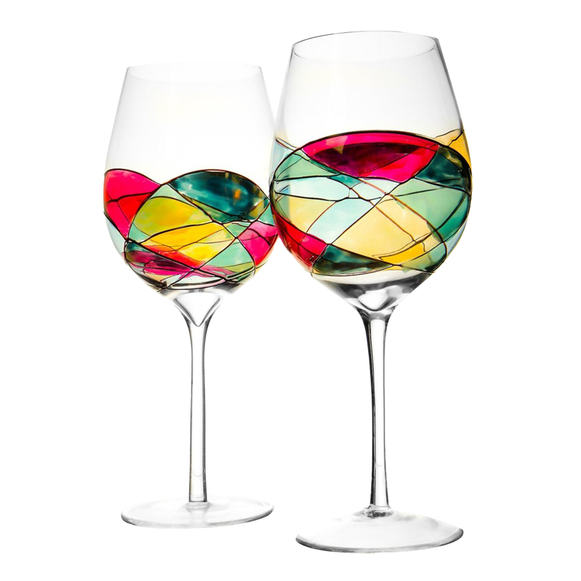 The Wine Savant Artisanal Hand Painted Renaissance Romantic Stain-glassed Windows Wine Glasses Set of 2 - Gift Idea for Her, Him, Birthday, Housewarming - Extra Large Goblets 29OZ (Stemmed)