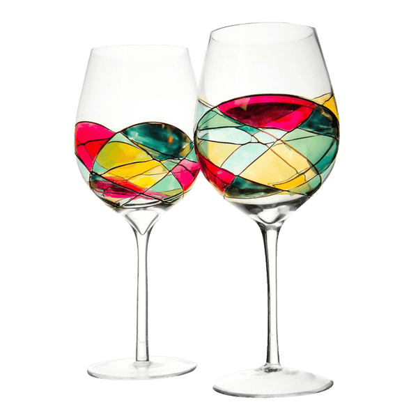 The Wine Savant Artisanal Hand Painted Renaissance Romantic Stain-glassed Windows Wine Glasses Set of 2 - Gift Idea for Her, Him, Birthday, Housewarming - Extra Large Goblets 29OZ (Stemmed)
