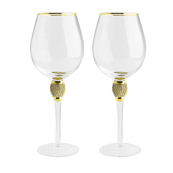 The Wine Savant Large Diamond Wine Glasses, Gold Rim Rhinestone Diamond Glasses - Wedding Glasses - 15 Ounce, Premium Designed Wine Glasses for Spirits and Wine, Gift Boxed (2, Clear)