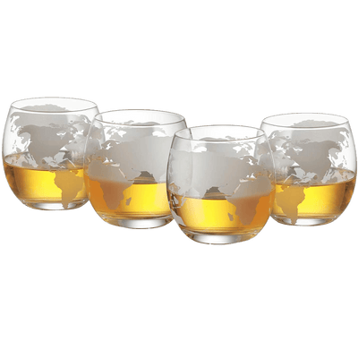 Etched World Decanter Car Whiskey Globe With 4 World Map Glasses