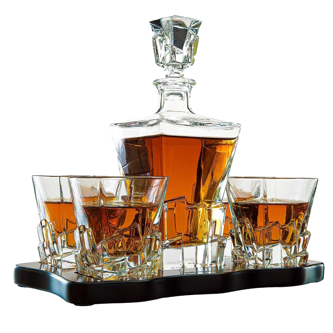 Crystal Wine and Whiskey Iceberg Mountain Glacier Decanter with 4 Glasses and Wood Tray - The Wine Savant