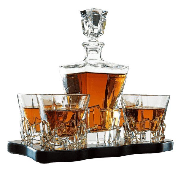 Crystal Wine and Whiskey Iceberg Mountain Glacier Decanter with 4 Glasses and Wood Tray - The Wine Savant