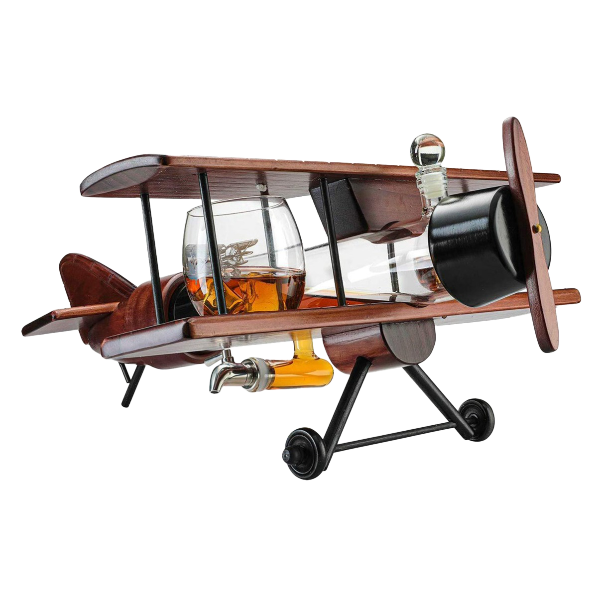 Whiskey & Wine Decanter Airplane Set and Glasses Antique Wood Airplane - The Wine Savant Whiskey Gift Set and 2 Airplane Glasses, Pilot Gift Moving Parts- Alcohol Related Gift, BAR DECOR Large 21