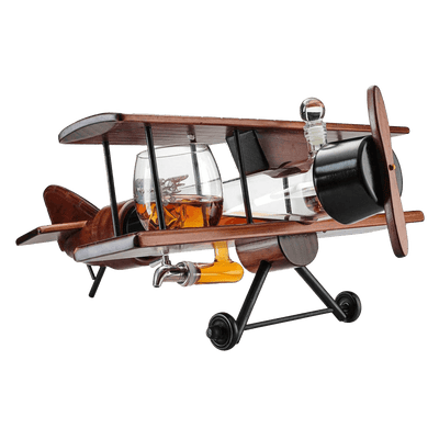 Whiskey & Wine Decanter Airplane Set and Glasses Antique Wood Airplane - The Wine Savant Whiskey Gift Set and 2 Airplane Glasses, Pilot Gift Moving Parts- Alcohol Related Gift, BAR DECOR Large 21