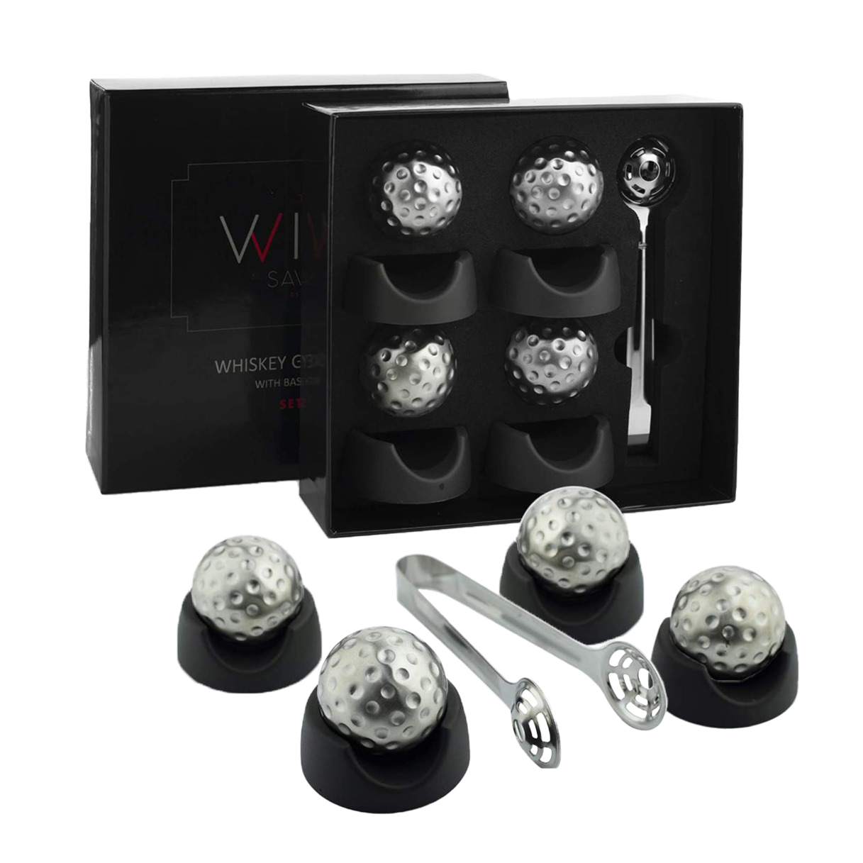 Golf Ball Shaped Stainless Steel Whiskey Stones, Whiskey Rocks, by The Wine Savant Great for Parties or for Bar Use, 4 Stones Rocks Cubes for Whiskey, Bourbon Vodka, Scotch, Metal Chillers Golf Gift
