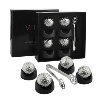 Golf Ball Shaped Stainless Steel Whiskey Stones, Whiskey Rocks, by The Wine Savant Great for Parties or for Bar Use, 4 Stones Rocks Cubes for Whiskey, Bourbon Vodka, Scotch, Metal Chillers Golf Gift