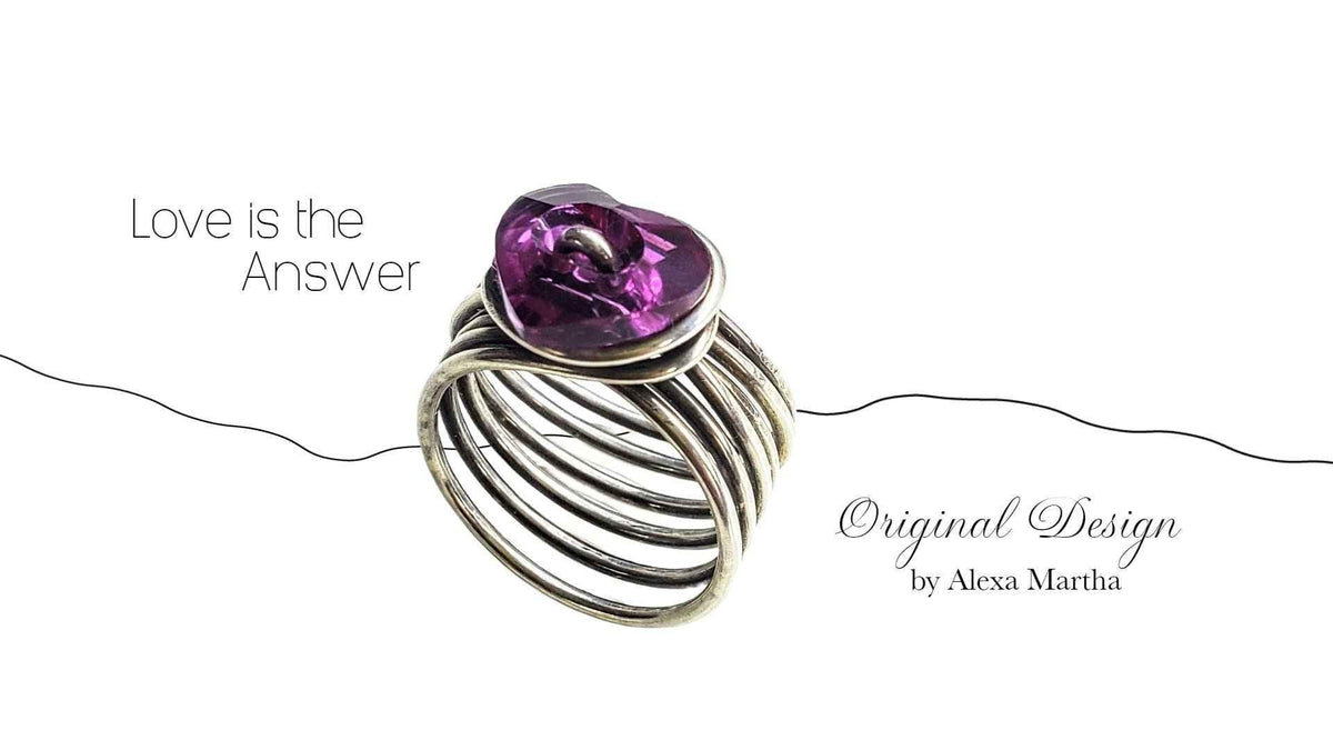 Handmade Wire Wrapped Pink Heart Crystal Six Rings in One Stack