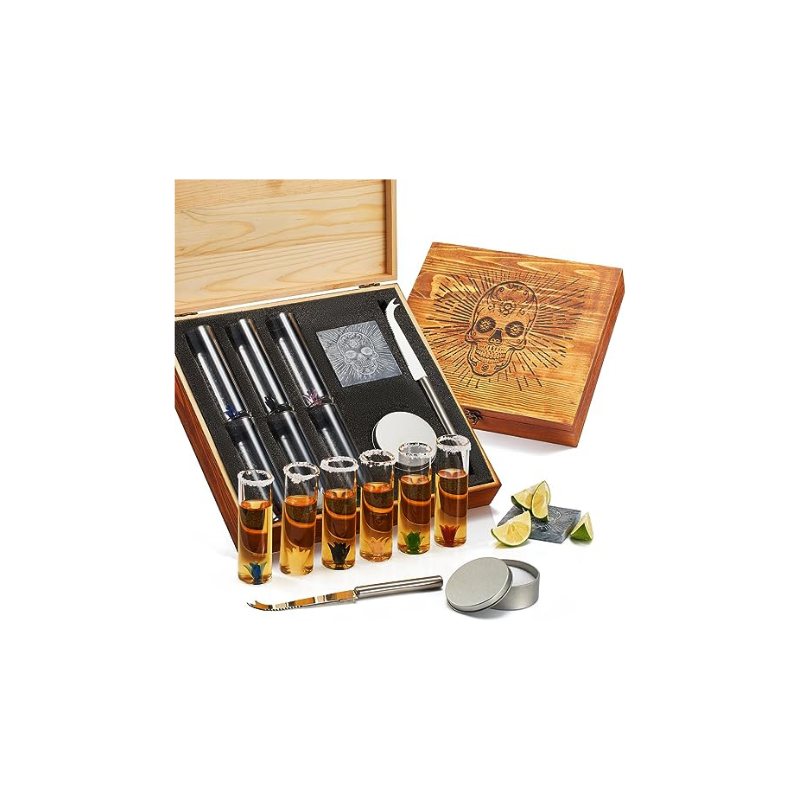 Tequila Shot Glass & Salt Gift Set for Men & Women | Six Agave Shot Glasses, Knife For Limes, One Skull Coaster, One Salt Tin | Skeleton Mahogany Wood Box Package For Tequila, Liquor Lovers