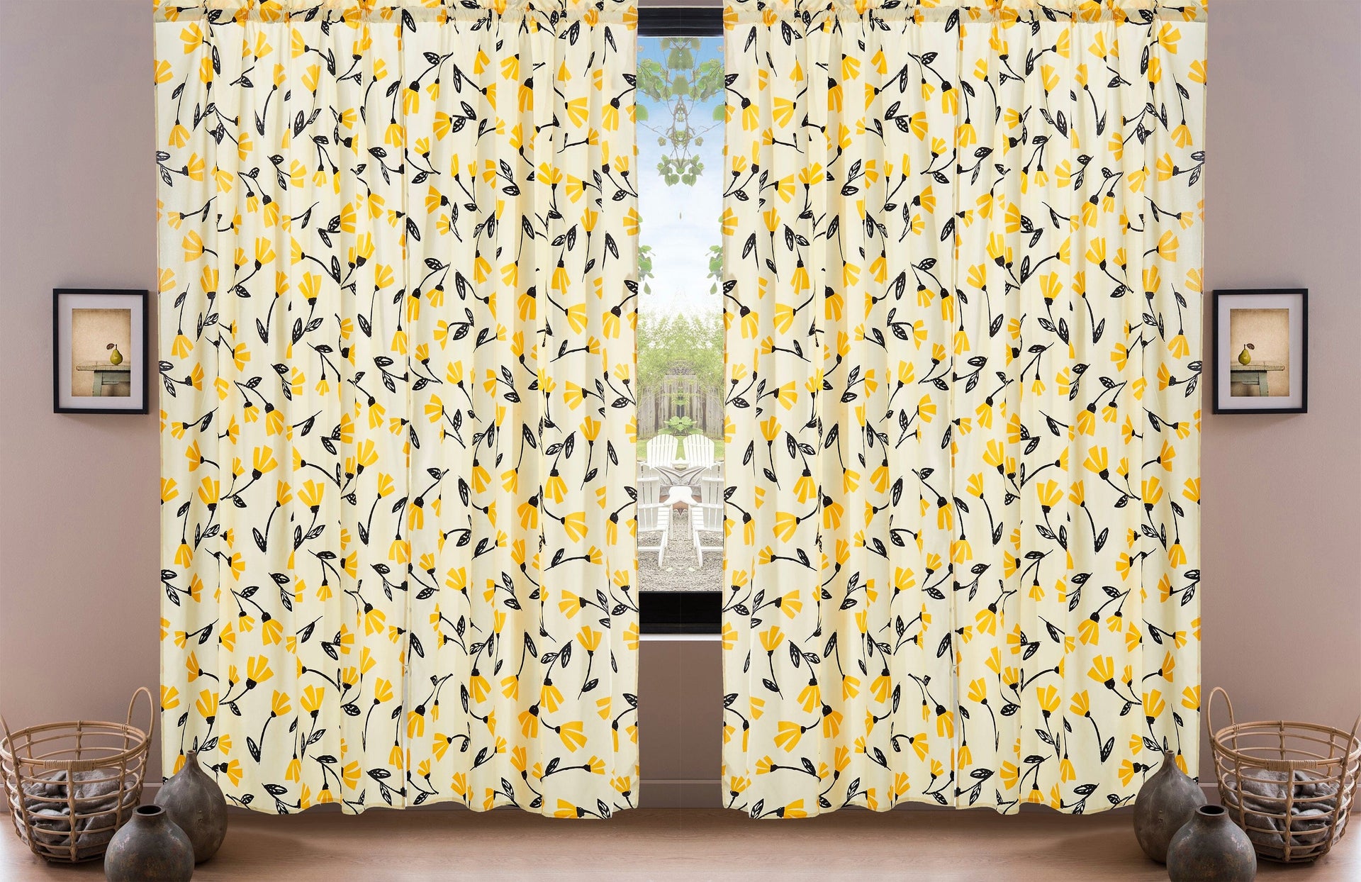 DaDa Bedding Set of 2 Botanical Floral Window Curtain Panels - Natural Semi Sheer Yellow Fleur Golden Orange Spring Time Tulips Straight Tailored Edge