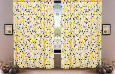 DaDa Bedding Set of 2 Botanical Floral Window Curtain Panels - Natural Semi Sheer Yellow Fleur Golden Orange Spring Time Tulips Straight Tailored Edge