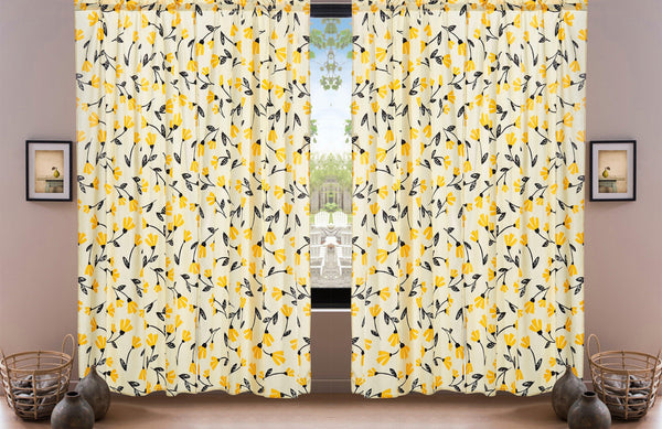 DaDa Bedding Set of 2 Botanical Floral Window Curtain Panels - Natural Semi Sheer Yellow Fleur Golden Orange Spring Time Tulips Straight Tailored Edge