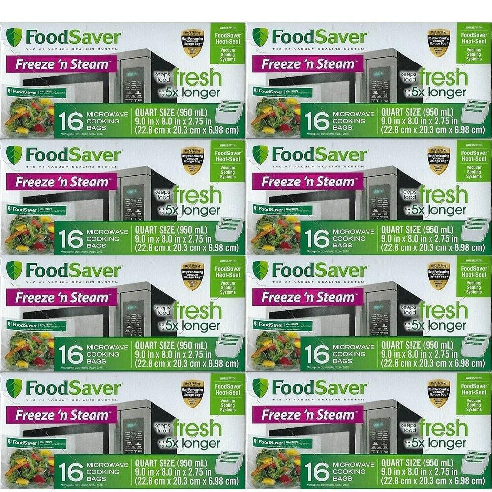 FoodSaver 1-Quart Freeze 'n Steam Microwavable Single-Cooking Bags, 16 Count, Clear (Pack of 8)