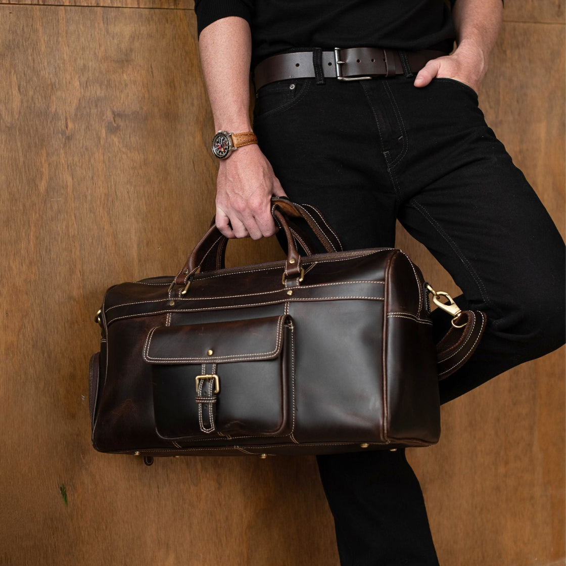 The Voyager Duffle - Brown Full-Grain Distressed Leather Duffle Bag NAB Leather