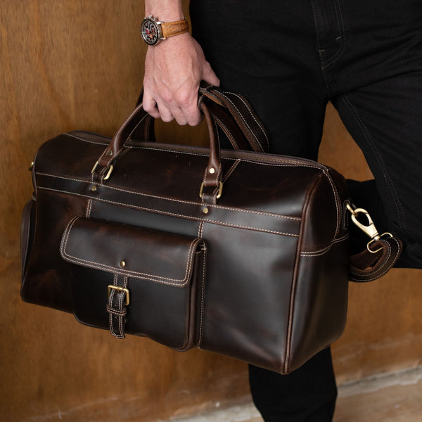 The Voyager Duffle - Brown Full-Grain Distressed Leather Duffle Bag NAB Leather