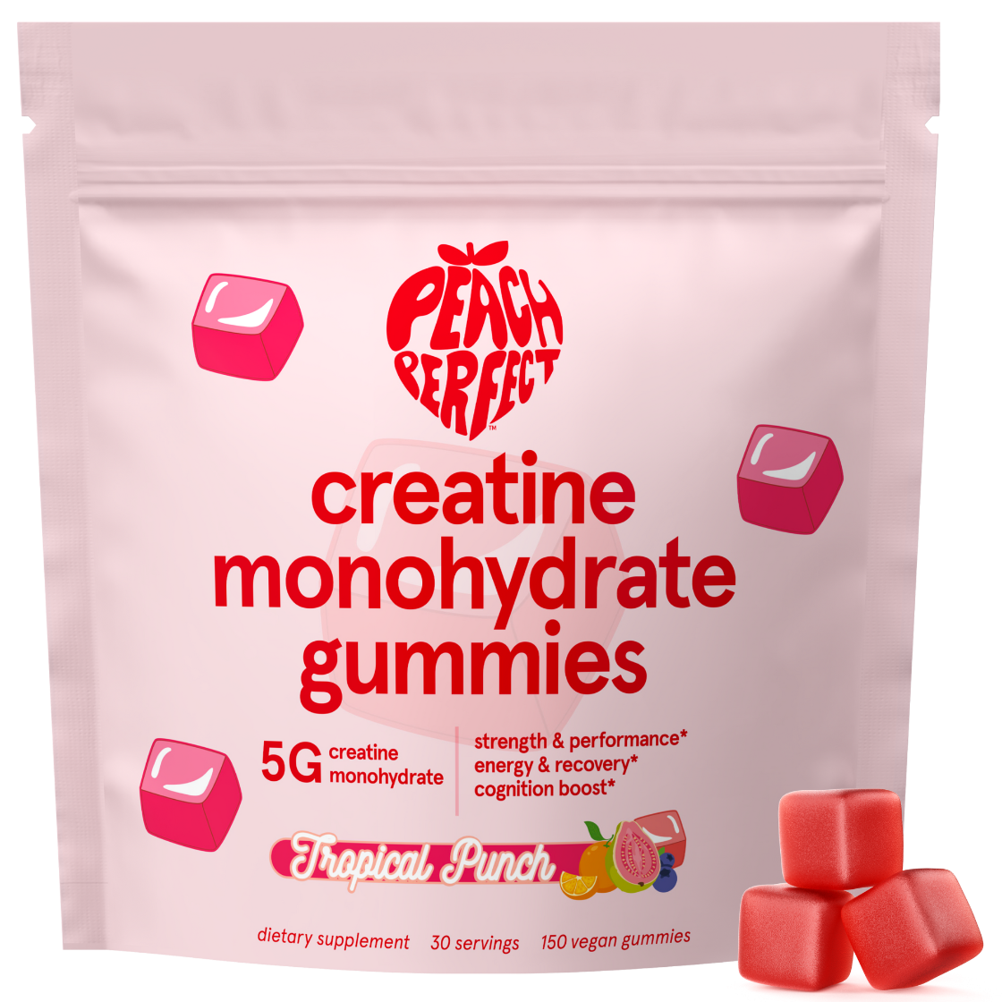 Pink package of Peach Perfect creatine monohydrate gummies with red text and gummy illustrations on a white background.
