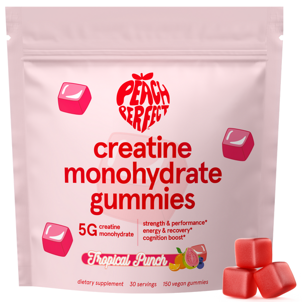 Pink package of Peach Perfect creatine monohydrate gummies with red text and gummy illustrations on a white background.