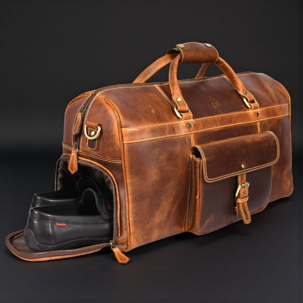 The Voyager Duffle - Cognac Full-Grain Distressed Leather Duffle Bag NAB Leather