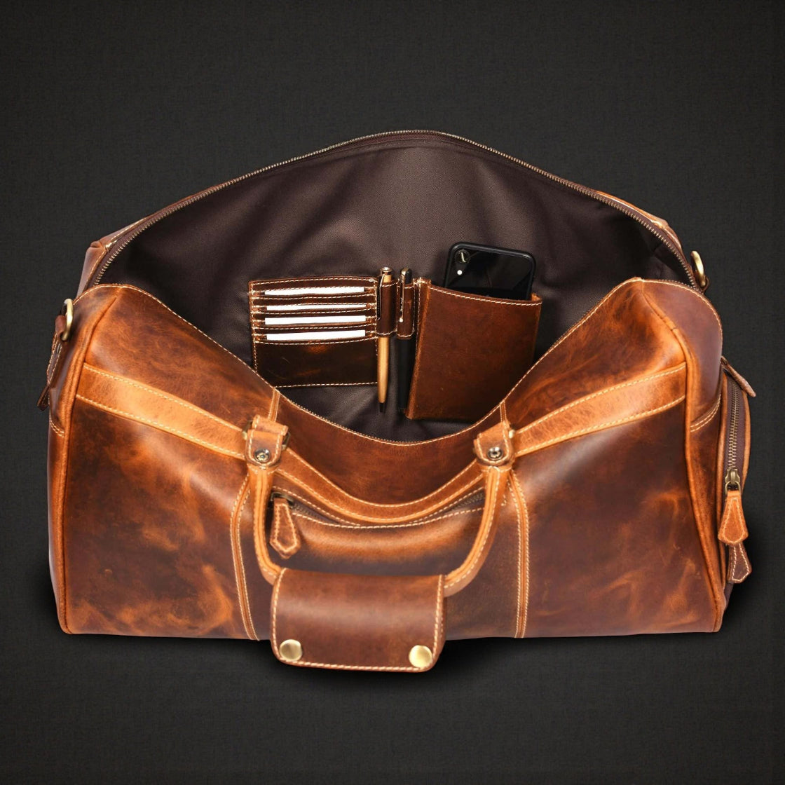 The Voyager Duffle - Cognac Full-Grain Distressed Leather Duffle Bag NAB Leather