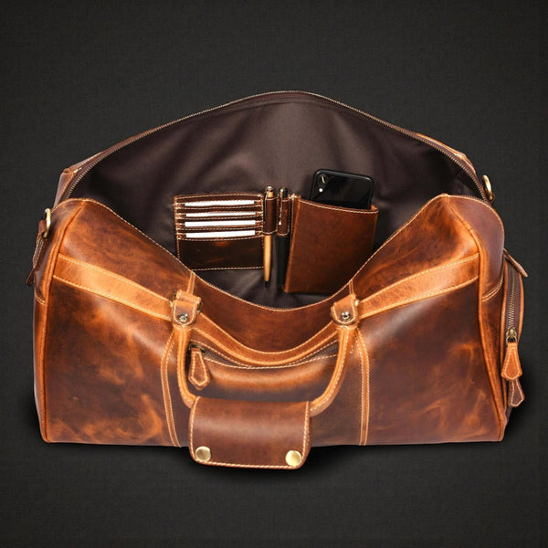 The Voyager Duffle - Cognac Full-Grain Distressed Leather Duffle Bag NAB Leather