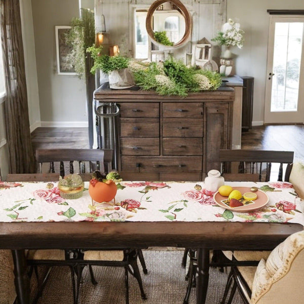 DaDa Bedding Romantic Roses Pink White Lovely Floral Quilted Dining Table Runner (879)