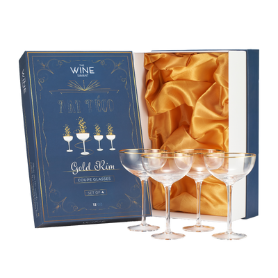 Vintage Crystal Champagne Coupe Gold Rim Glasses | Set of 4 | 7 oz, Gilded Rim Classic Cocktail Glassware - Martini, Manhattan, Cosmopolitan, Sidecar, Daiquiri | 1920s Style Saucer Goblets | Gift Box