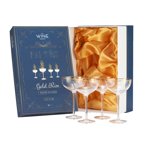 Vintage Crystal Champagne Coupe Gold Rim Glasses | Set of 4 | 7 oz, Gilded Rim Classic Cocktail Glassware - Martini, Manhattan, Cosmopolitan, Sidecar, Daiquiri | 1920s Style Saucer Goblets | Gift Box