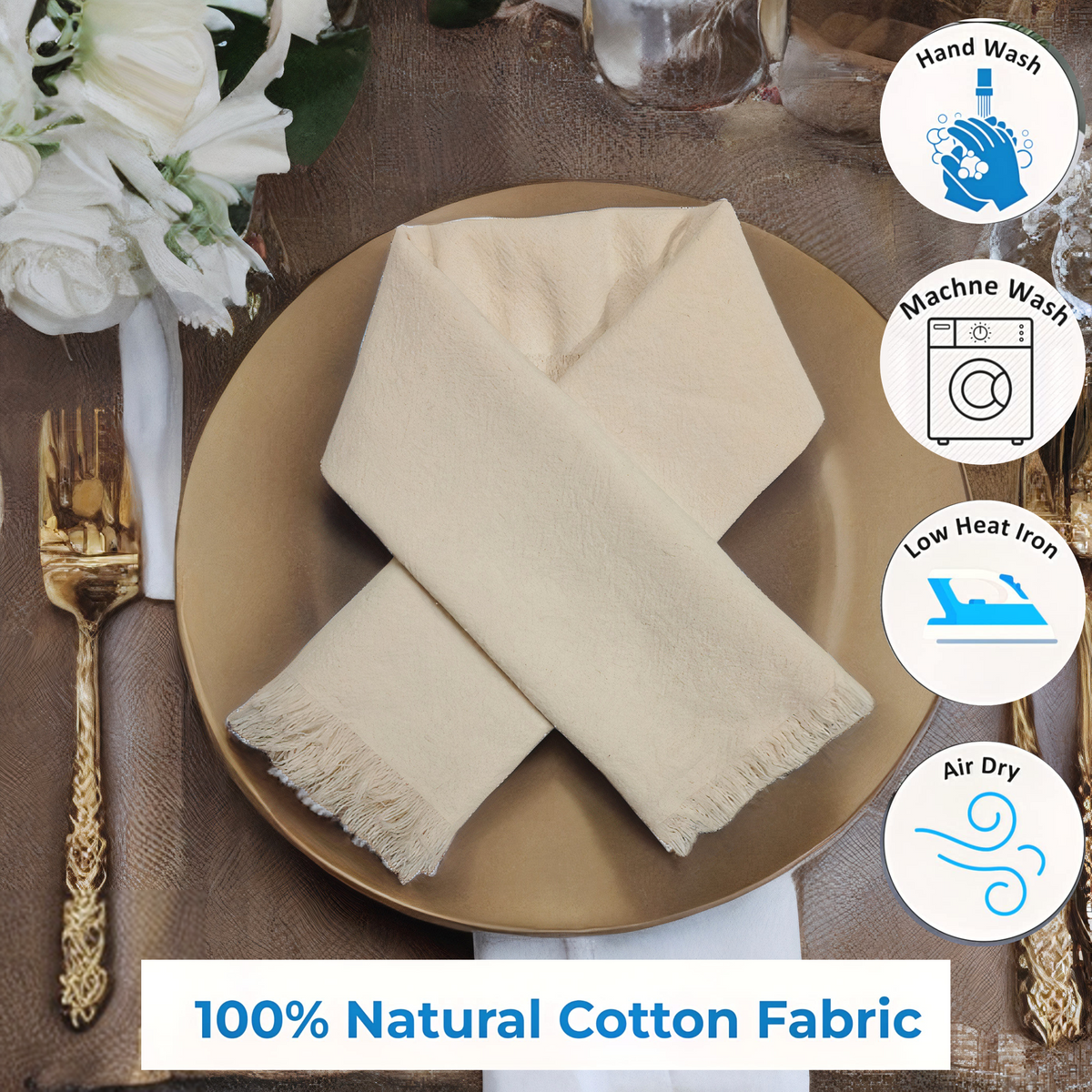 Set of 4 Cotton Napkins, 18 X 18 Inches with Frayed Edges - Rustic farmhouse style