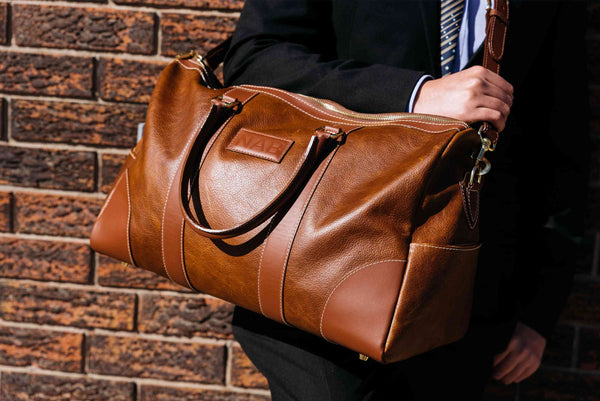 The Shield Duffle- Cognac Full-Grain Leather Duffle Bag Made in Canada NAB Leather