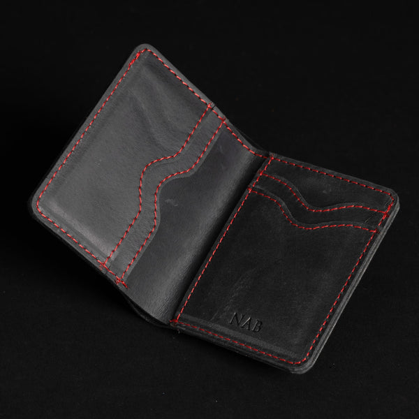 The Diablo Card Holder - Black Full Grain Leather Card Holder With Red Stitching NAB Leather